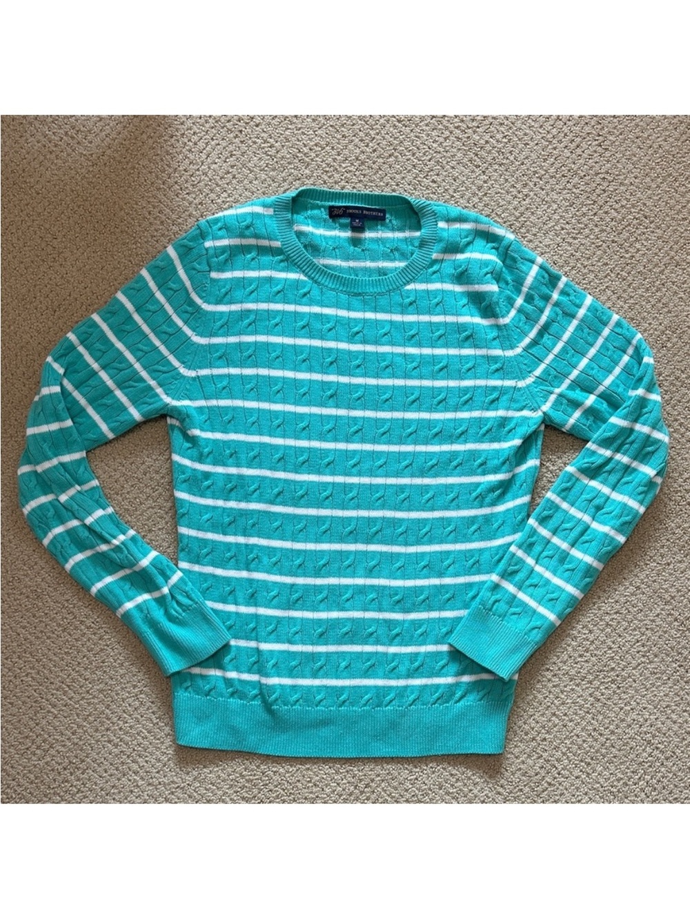 Brooks Brothers Aqua & White Striped Cable-Knit Crewneck